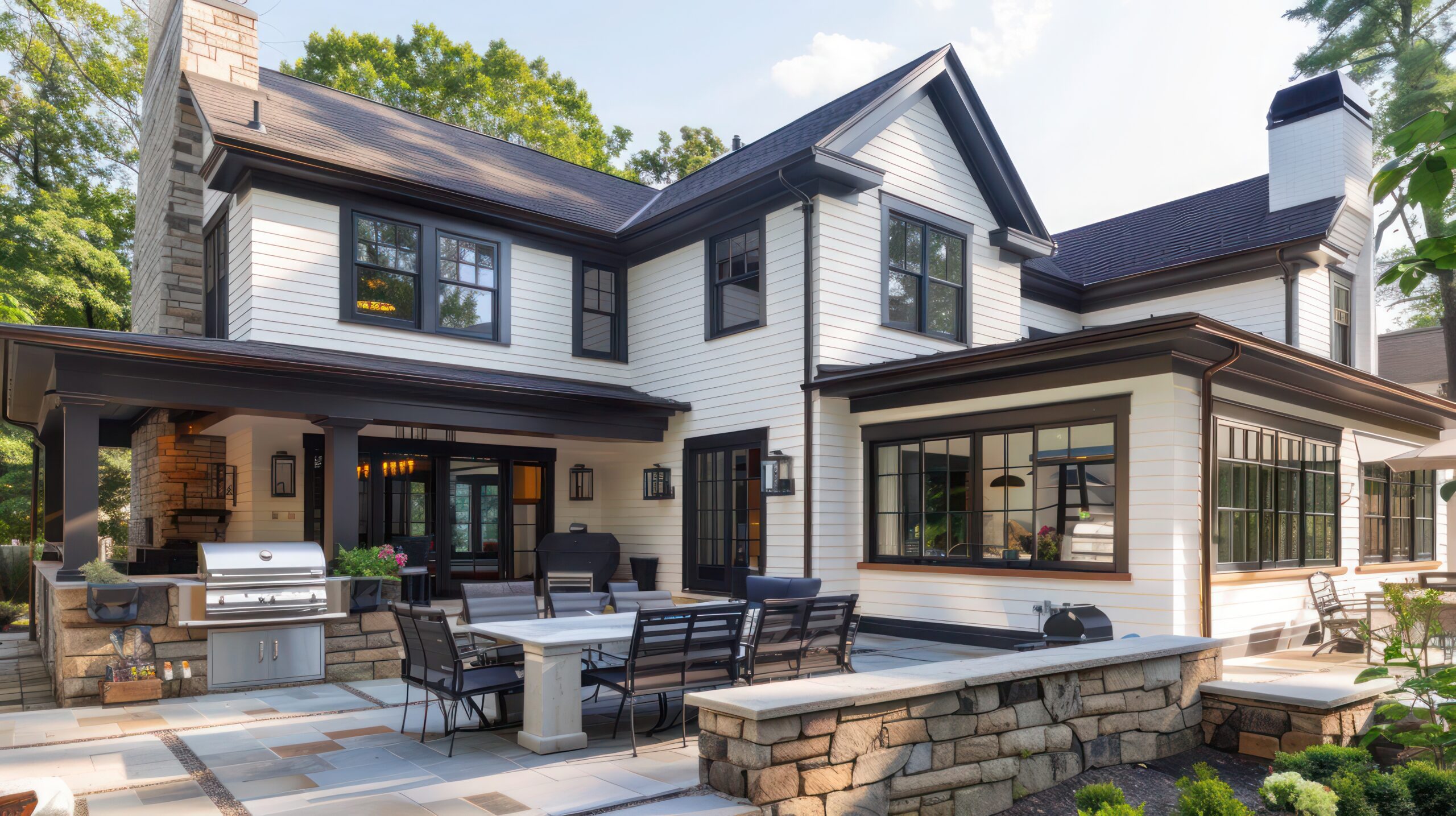 Modern backyard patio with porcelain pavers, built-in fire pit, and lounge seating – patio ideas