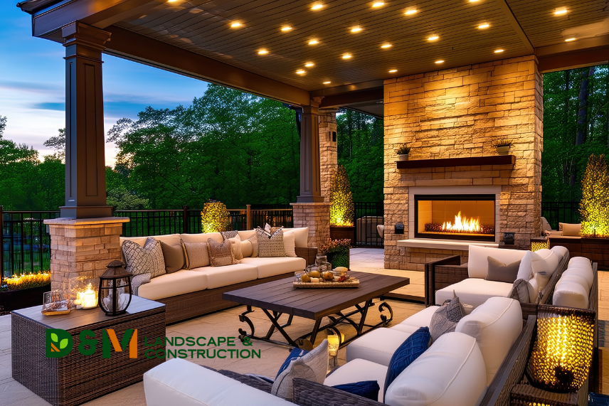 Modern backyard patio with porcelain pavers, built-in fire pit, and lounge seating – patio ideas