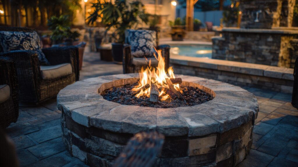 Cozy outdoor fire pit area surrounded by comfortable seating and lush plants in evening light