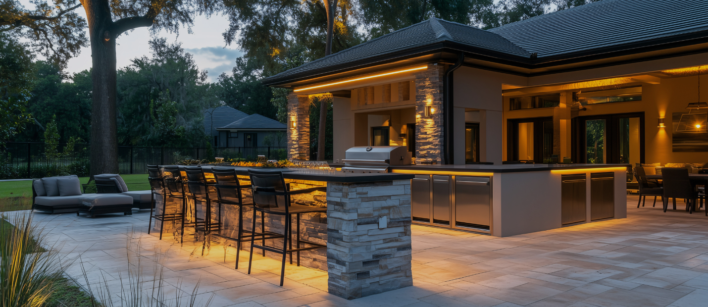 Outdoor kitchen with grill station and stone countertops in Wellesley, MA