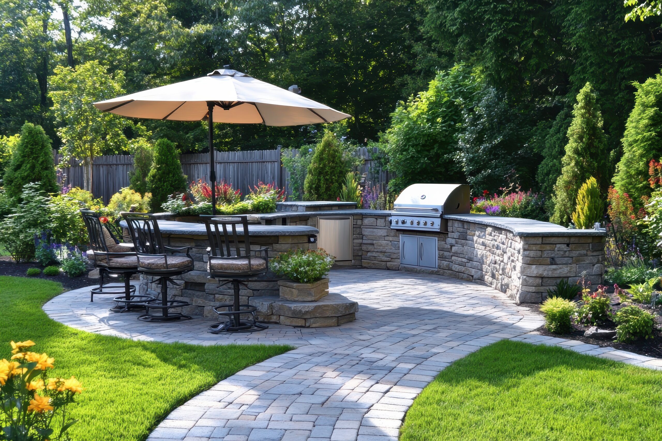 Large paver patio with integrated outdoor living features in a Massachusetts backyard