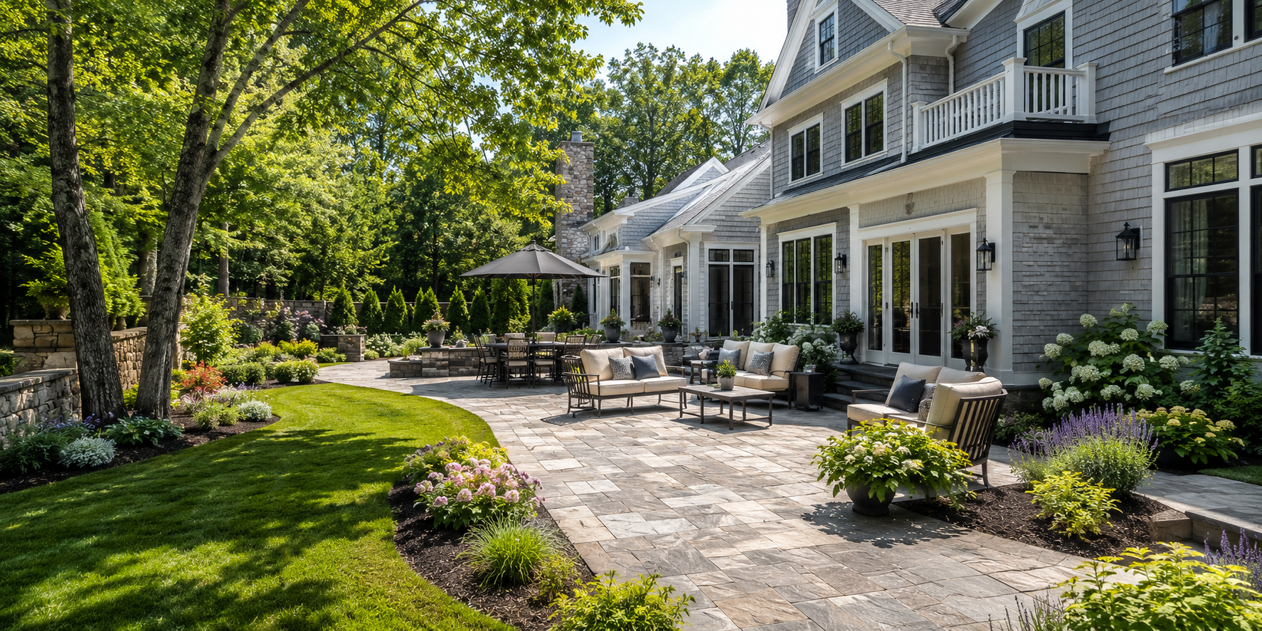 Professional landscaping and hardscape on a Hopkinton, MA residential property