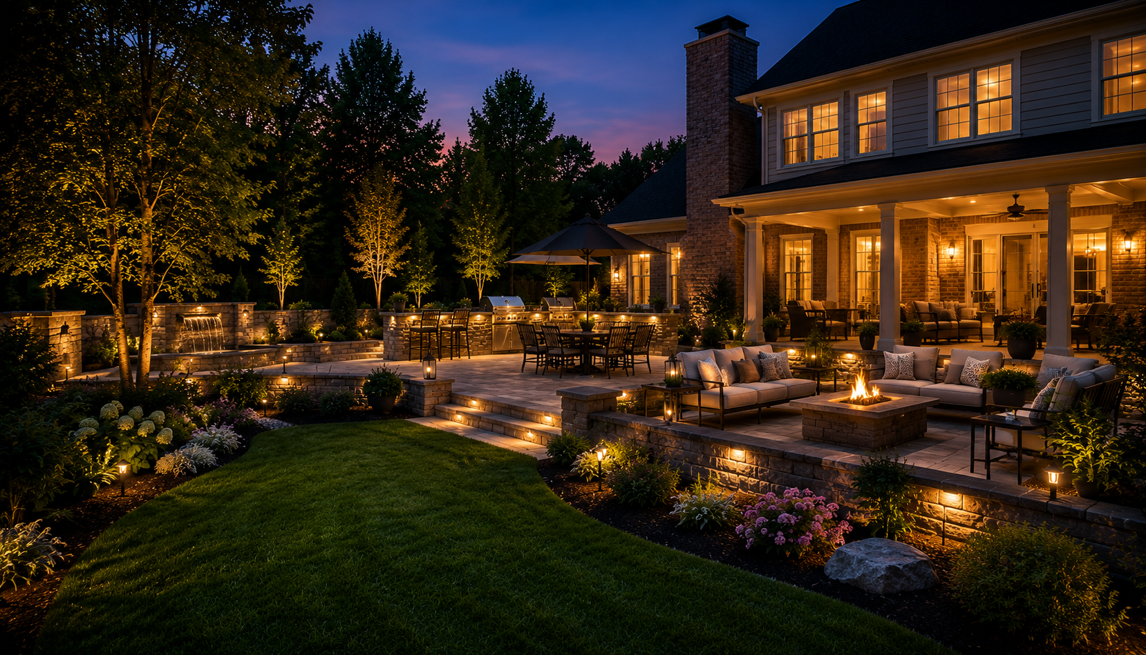 Completed outdoor living space with patio, fire feature, and landscape lighting in MetroWest Massachusetts