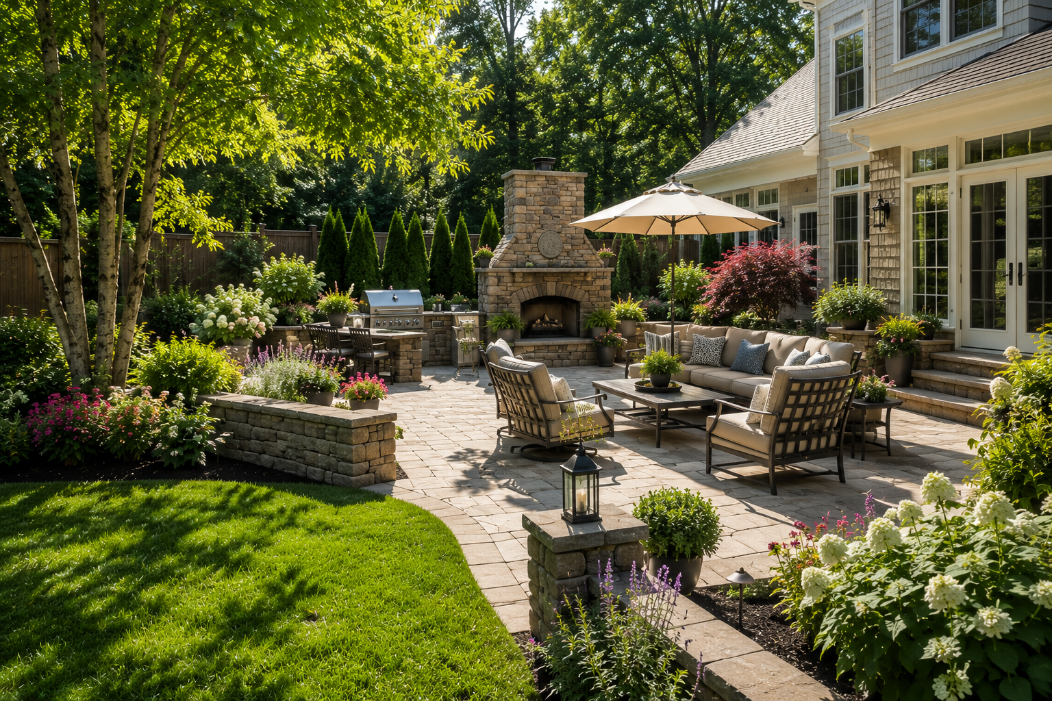Completed outdoor living space with patio and landscaping by D & M Landscape