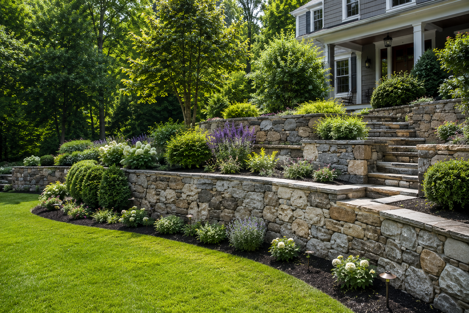 Stone retaining wall with terraced garden beds in Holliston area