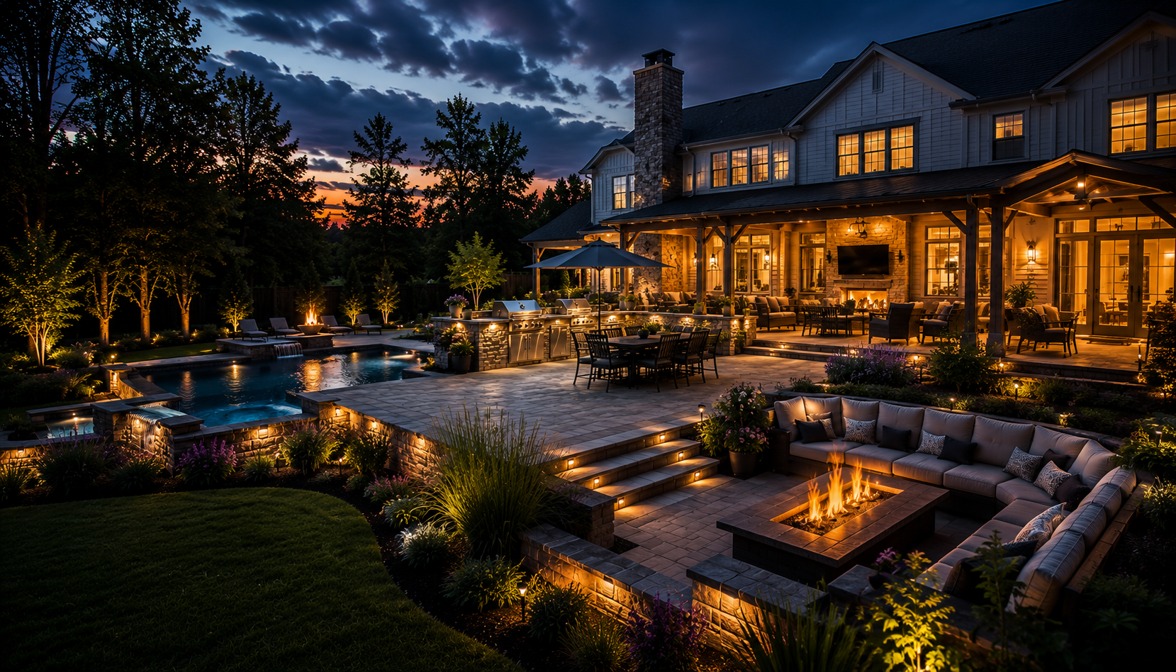 Completed outdoor living space with landscape lighting and hardscape in Norfolk County