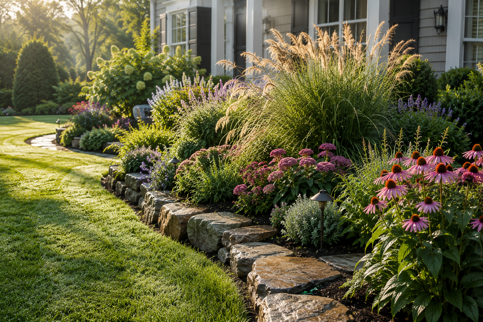 Professional landscape design with garden beds and ornamental plantings
