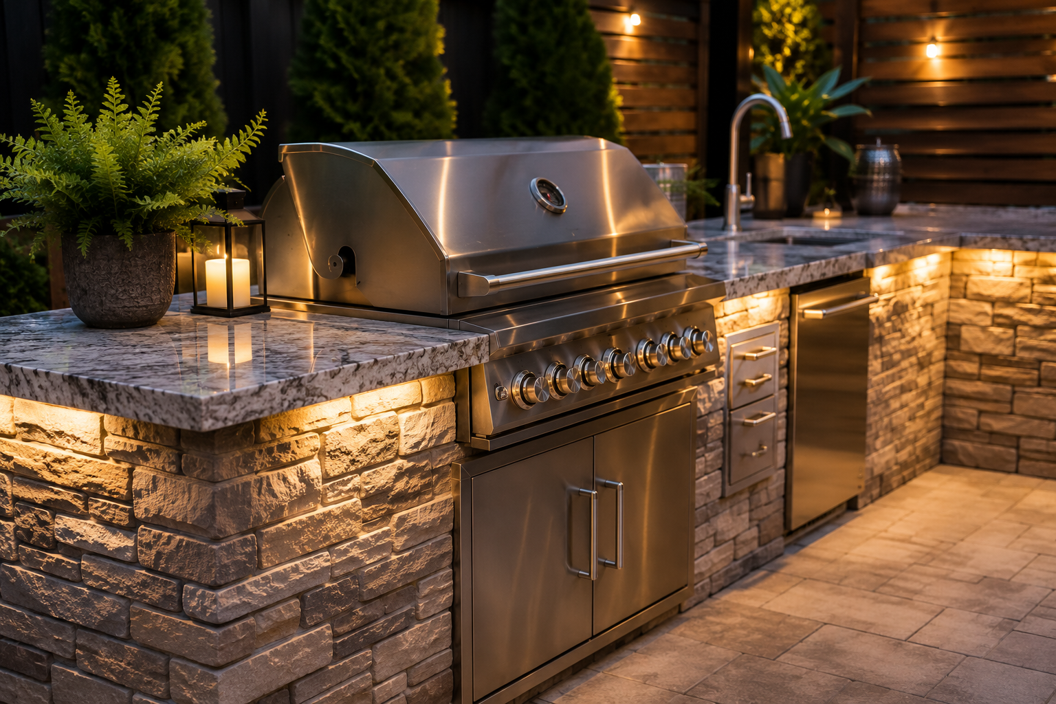 Custom outdoor kitchen with built-in grill, stone island, and granite countertops