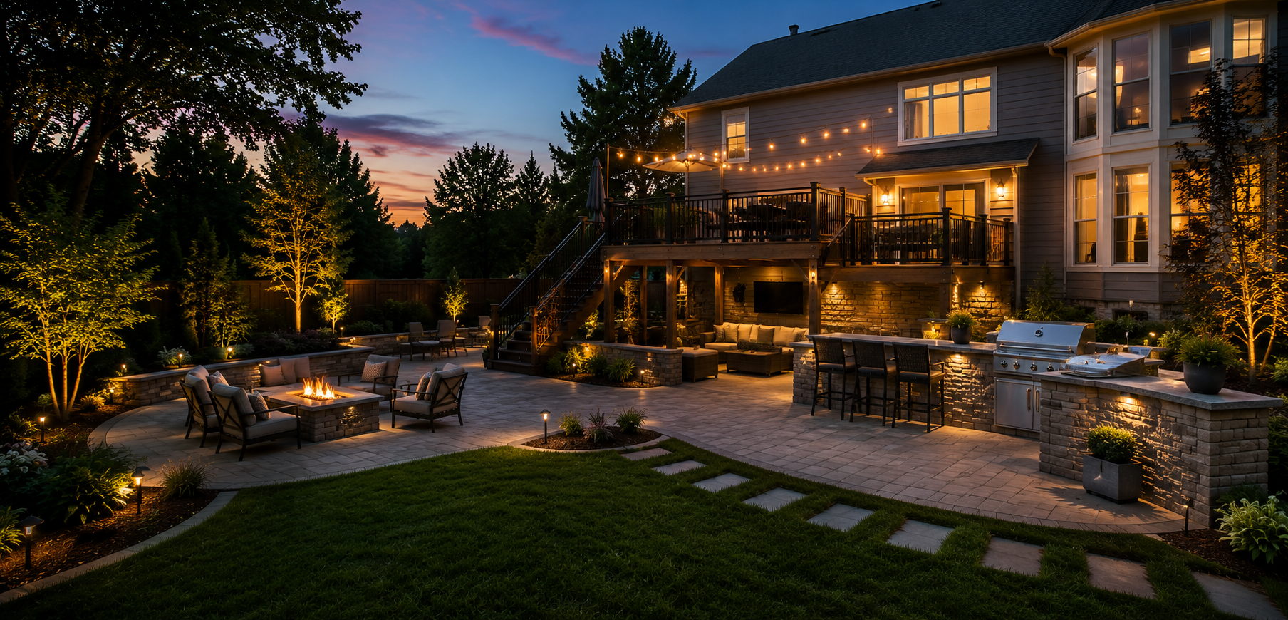 Finished MetroWest backyard with patio at dusk