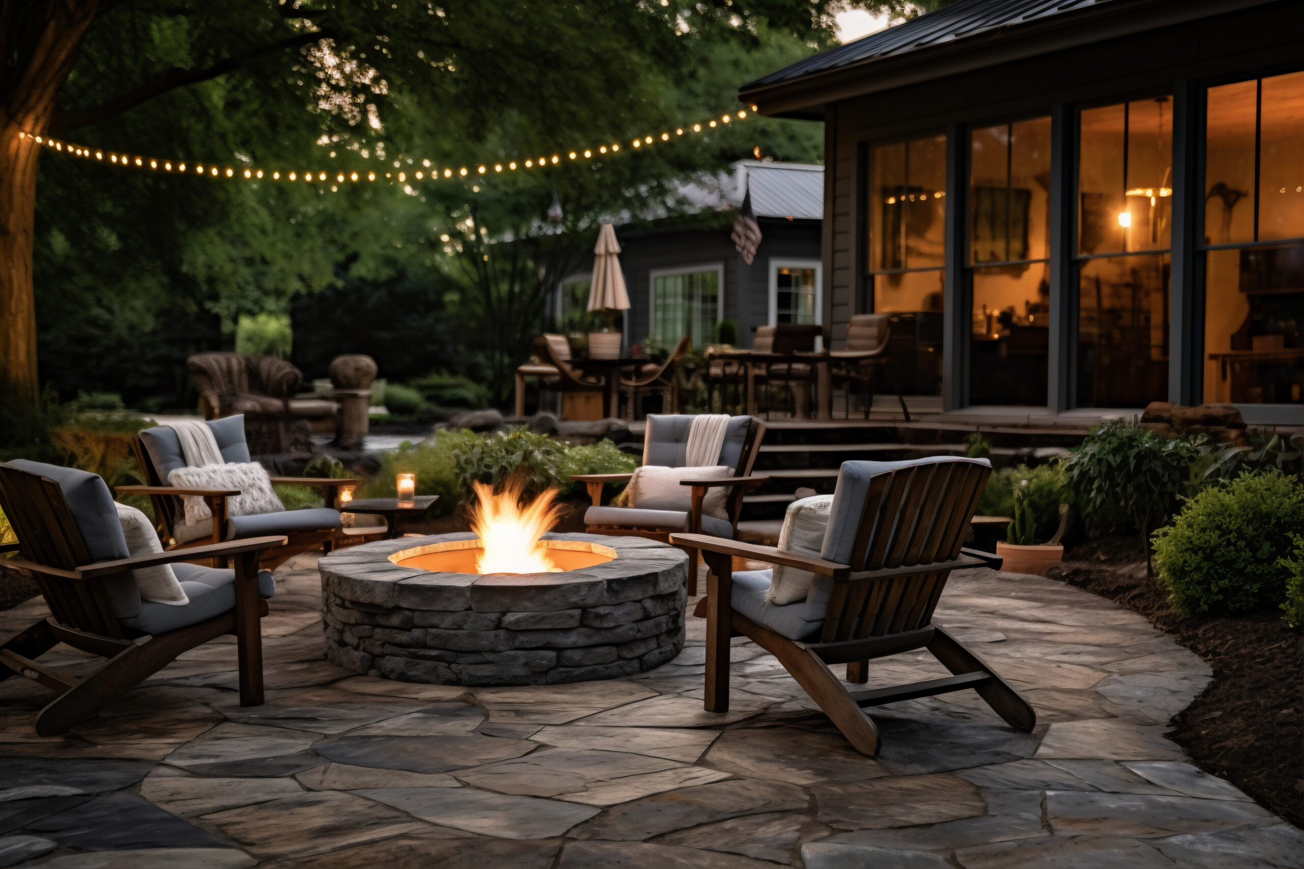 Fire pit and outdoor living space in the evening